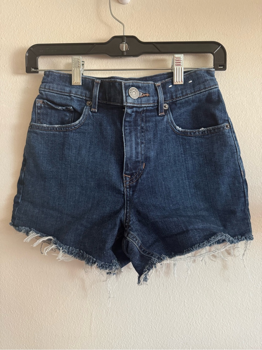 Express Midi High Rise Dark Blue Denim Women's Cutoff Shorts